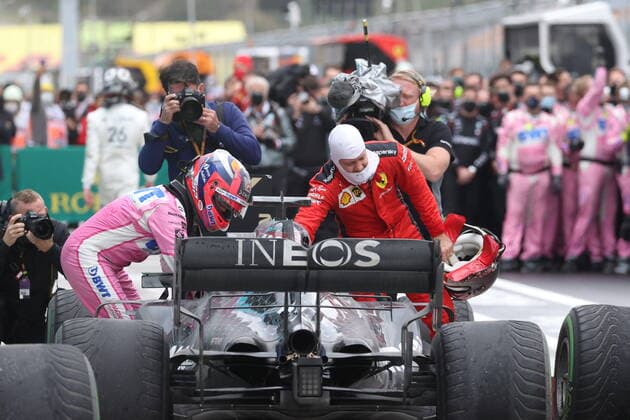 Motorsports FIA Formula One World Championship 2020, Grand Prix of Turkey, 11 Sergio Perez MEX, BWT Racing Point F1 Team , 44 Lewis Hamilton GBR, Mercedes AMG Petronas Formula One Team , 5 Sebastian Vettel GER, Scuderia Ferrari Mission Winnow , Istanbul Turkey