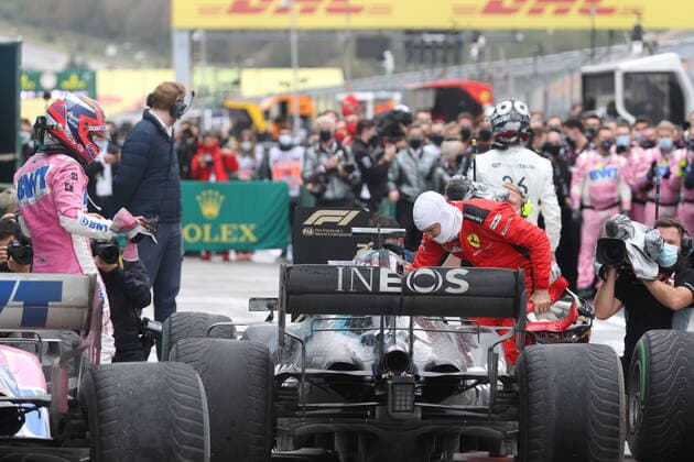 Motorsports FIA Formula One World Championship 2020, Grand Prix of Turkey, 11 Sergio Perez MEX, BWT Racing Point F1 Team , 44 Lewis Hamilton GBR, Mercedes AMG Petronas Formula One Team , 5 Sebastian Vettel GER, Scuderia Ferrari Mission Winnow , Istanbul Turkey