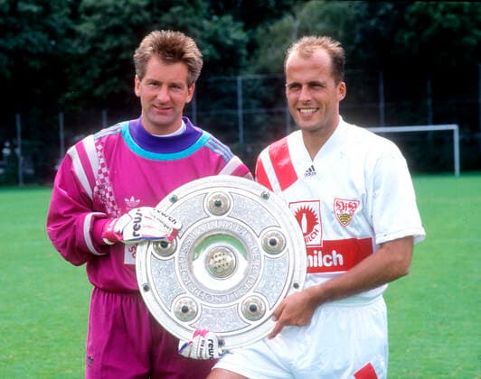 10 07 1992 VfB Stuttgart Photo shootings Championship Germany, Stuttgart, VfB Stuttgart Photo shootings players with the championship cup 1992 by Eike Immel, Michael Frontzeck Only for journalistic purposes Only for editorial use HM