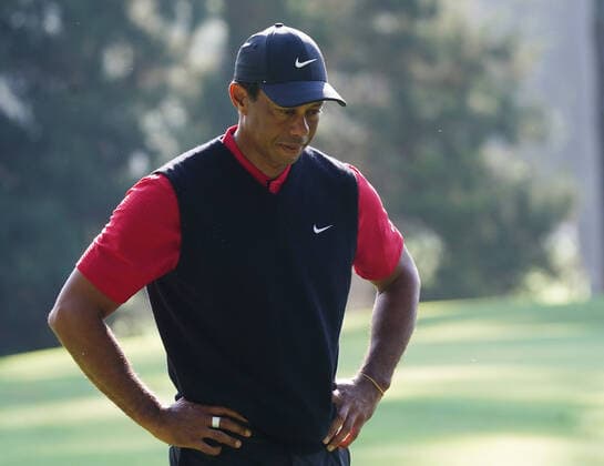 Tiger Woods walks off of the 6th green in the final round of the 2020 Masters golf tournament at Augusta National Golf Club in Augusta, Georgia on Sunday, November 15, 2020.  AUG20201115882 KevinxDietsch
