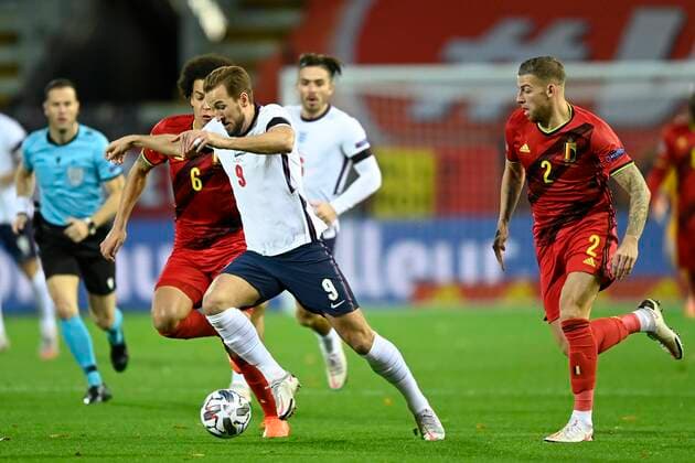 LEUVEN, BELGIUM - NOVEMBER 15 : Harry Kane forward of England is challenged by Axel Witsel midfielder of Belgium and Toby Alderweireld defender of Belgium during the UEFA Nations League match group stage final tournament - League A - Group 2 between Belgium and England on November 15, 2020 in Leuven, Belgium, 15 11 2020 ( Photo by Nico Vereecken Photo News FOOTBALL : UEFA Nations League - League A - Group 2 - Belgique vs Angleterre - 15 11 2020 PHOTONEWS PANORAMIC 