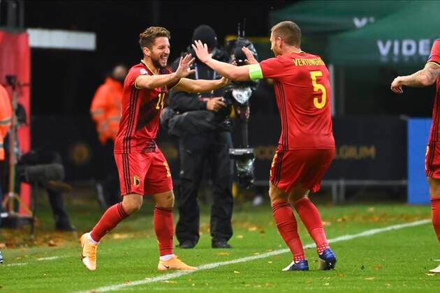 LEUVEN, BELGIUM - NOVEMBER 15 : Dries Mertens forward of Belgium celebrates after scoring during the UEFA Nations League match group stage final tournament - League A - Group 2 between Belgium and England on November 15, 2020 in Leuven, Belgium, 15 11 2020 ( Photo by Vincent Kalut Photonews FOOTBALL : UEFA Nations League - League A - Group 2 - Belgique vs Angleterre - 15 11 2020 PHOTONEWS PANORAMIC 