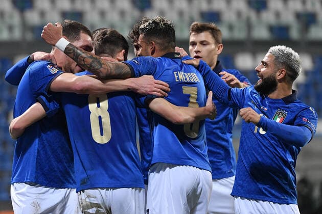 Jorginho of Italy celebrates after scoring a goal on penalty during the Uefa Nation League Group Stage A1 football match between Italy and Poland at Citta del Tricolore Stadium in Reggio Emilia (Italy), November, 15, 2020. Photo Andrea Staccioli Insidefoto andreaxstaccioli