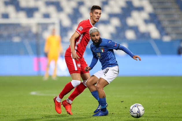 REGGIO EMILIA 15.11.2020 MECZ 5. KOLEJKA LIGA NARODOW GRUPA A1 SEZON 2020 21: WLOCHY - POLSKA --- 2020-21 UEFA NATIONS LEAGUE GROUP A1 FOOTBALL MATCH: ITALY - POLAND JAKUB MODER LORENZO INSIGNE FOT. PIOTR KUCZA FOTOPYK NEWSPIX.PL --- Newspix.pl  201115PYK0023