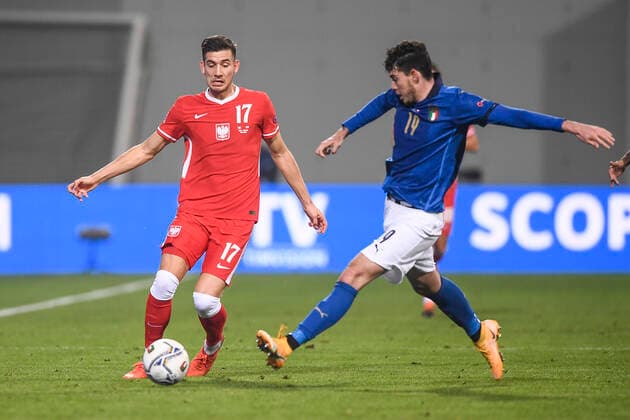 Photo LaPresse - Fabio Ferrari November 15, 2020 Reggio Emilia, Italy soccer Italy vs Polonia - Nation League - Group A - match 5 6 - & x2018;Citt& xe0; del Tricolore Stadium. In the pic:Alessandro Bastoni (Italy)Moder (Poland)  Copyright: xFabioxFerrari LaPressex