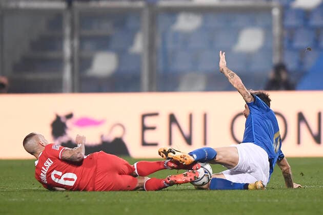 Photo LaPresse - Fabio Ferrari November 15, 2020 Reggio Emilia, Italy soccer Italy vs Polonia - Nation League - Group A - match 5 6 - & x2018;Citt& xe0; del Tricolore Stadium. In the pic:Francesco Acerbi (Italy)Goralski (Poland)  Copyright: xFabioxFerrari LaPressex