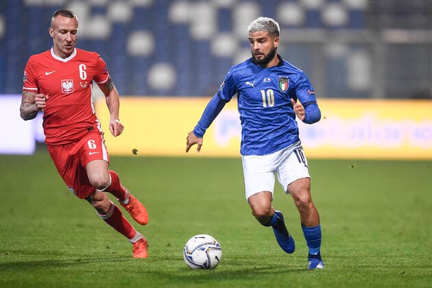 Photo LaPresse - Fabio Ferrari November 15, 2020 Reggio Emilia, Italy soccer Italy vs Polonia - Nation League - Group A - match 5 6 - & x2018;Citt& xe0; del Tricolore Stadium. In the pic:Lorenzo Insigne (Italy)Goralski (Poland)  Copyright: xFabioxFerrari LaPressex