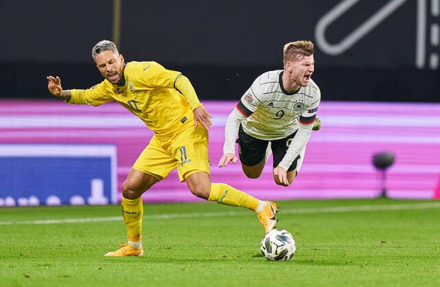 Timo WERNER, DFB 9 compete for the ball, tackling, duel, header, zweikampf, action, fight against MARLOS, UKR 11 in the match GERMANY - UKRAINE 3-1 UEFA Nations League, German Football Nationalteam, DFB , Season 2020 2021 in Leipzig, Germany, November 14, 2020