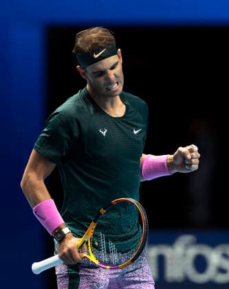 (201116) -- LONDON, Nov. 16, 2020 -- Rafael Nadal of Spain celebrates after winning the singles group match against Andrey Rublev of Russia at the ATP, Tennis Herren World Tour Finals 2020 in London, Britain, on Nov. 15, 2020. ) (SP) BRITAIN-LONDON-TENNIS-ATP FINAL-DAY 1 HanxYan 