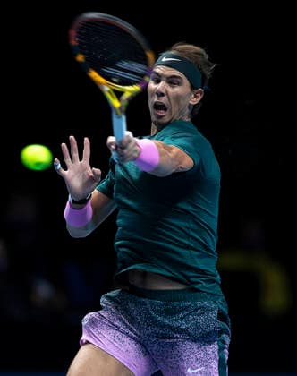 (201116) -- LONDON, Nov. 16, 2020 -- Rafael Nadal of Spain competes during the singles group match against Andrey Rublev of Russia at the ATP, Tennis Herren World Tour Finals 2020 in London, Britain, on Nov. 15, 2020. ) (SP) BRITAIN-LONDON-TENNIS-ATP FINAL-DAY 1 HanxYan 