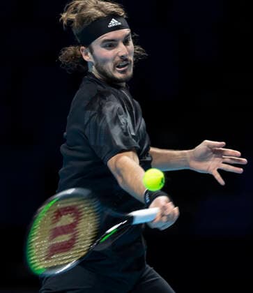 (201116) -- LONDON, Nov. 16, 2020 -- Stefanos Tsitsipas of Greece competes during the singles group match against Dominic Thiem of Austria at the ATP, Tennis Herren World Tour Finals 2020 in London, Britain, on Nov. 15, 2020. ) (SP) BRITAIN-LONDON-TENNIS-ATP FINAL-DAY 1 HanxYan 