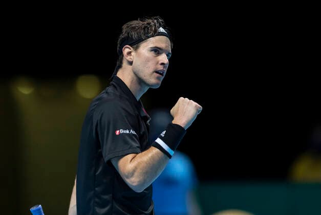 Sport Bilder des Tages (201116) -- LONDON, Nov. 16, 2020 -- Dominic Thiem of Austria celebrates after winning a point during the singles group match against Stefanos Tsitsipas of Greece at the ATP, Tennis Herren World Tour Finals 2020 in London, Britain, on Nov. 15, 2020. ) (SP) BRITAIN-LONDON-TENNIS-ATP FINAL-DAY 1 HanxYan 