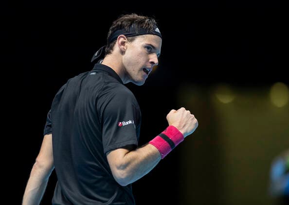 (201116) -- LONDON, Nov. 16, 2020 -- Dominic Thiem of Austria celebrates after winning a point during the singles group match against Stefanos Tsitsipas of Greece at the ATP, Tennis Herren World Tour Finals 2020 in London, Britain, on Nov. 15, 2020. ) (SP) BRITAIN-LONDON-TENNIS-ATP FINAL-DAY 1 HanxYan 