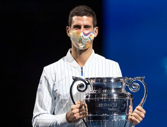 (201116) -- LONDON, Nov. 16, 2020 -- Novak Djokovic of Serbia poses with his ATP, Tennis Herren World No. 1 trophy at the ATP World Tour Finals 2020 in London, Britain, on Nov. 15, 2020. ) (SP) BRITAIN-LONDON-TENNIS-ATP FINAL-WORLD NUMBER 1 HanxYan 
