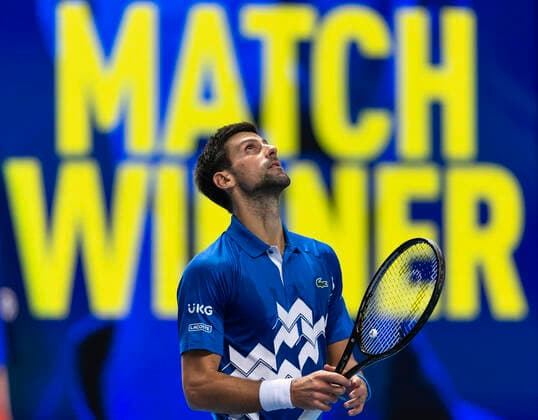 Sport Bilder des Tages (201117) -- LONDON, Nov. 17, 2020 -- Novak Djokovic of Serbia celebrates after the singles group match against Diego Schwartzman of Argentina at the ATP, Tennis Herren World Tour Finals 2020 in London, Britain, on Nov. 16, 2020. ) (SP)BRITAIN-LONDON-TENNIS-ATP FINALS-DAY 2 HanxYan 