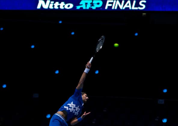 (201117) -- LONDON, Nov. 17, 2020 -- Novak Djokovic of Serbia serves during the singles group match against Diego Schwartzman of Argentina at the ATP, Tennis Herren World Tour Finals 2020 in London, Britain, on Nov. 16, 2020. ) (SP)BRITAIN-LONDON-TENNIS-ATP FINALS-DAY 2 HanxYan 