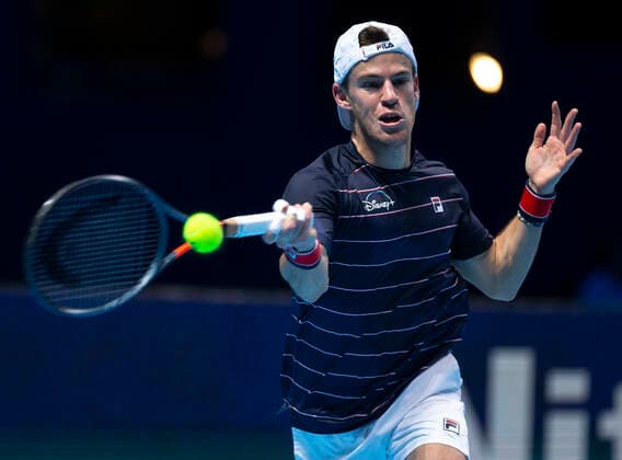 (201117) -- LONDON, Nov. 17, 2020 -- Diego Schwartzman of Argentina hits a return during the singles group match against Novak Djokovic of Serbia at the ATP, Tennis Herren World Tour Finals 2020 in London, Britain, on Nov. 16, 2020. ) (SP)BRITAIN-LONDON-TENNIS-ATP FINALS-DAY 2 HanxYan 