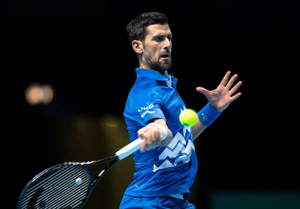 (201117) -- LONDON, Nov. 17, 2020 -- Novak Djokovic of Serbia hits a return during the singles group match against Diego Schwartzman of Argentina at the ATP, Tennis Herren World Tour Finals 2020 in London, Britain, on Nov. 16, 2020. ) (SP)BRITAIN-LONDON-TENNIS-ATP FINALS-DAY 2 HanxYan 