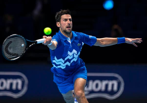 (201117) -- LONDON, Nov. 17, 2020 -- Novak Djokovic of Serbia hits a return during the singles group match against Diego Schwartzman of Argentina at the ATP, Tennis Herren World Tour Finals 2020 in London, Britain, on Nov. 16, 2020. ) (SP)BRITAIN-LONDON-TENNIS-ATP FINALS-DAY 2 HanxYan 