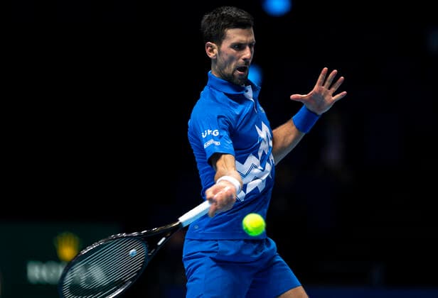 (201117) -- LONDON, Nov. 17, 2020 -- Novak Djokovic of Serbia hits a return during the singles group match against Diego Schwartzman of Argentina at the ATP, Tennis Herren World Tour Finals 2020 in London, Britain, on Nov. 16, 2020. ) (SP)BRITAIN-LONDON-TENNIS-ATP FINALS-DAY 2 HanxYan 