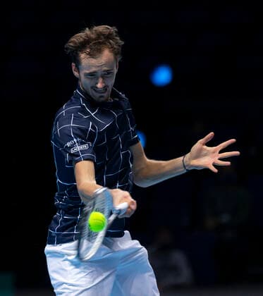 (201117) -- LONDON, Nov. 17, 2020 -- Daniil Medvedev of Russia hits a return during the singles group match against Alexander Zverev of Germany at the ATP, Tennis Herren World Tour Finals 2020 in London, Britain, on Nov. 16, 2020. ) (SP)BRITAIN-LONDON-TENNIS-ATP FINALS-DAY 2 HanxYan 