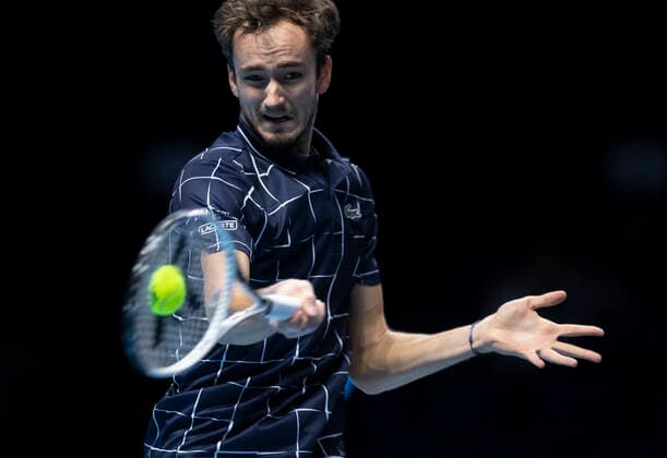 (201117) -- LONDON, Nov. 17, 2020 -- Daniil Medvedev of Russia hits a return during the singles group match against Alexander Zverev of Germany at the ATP, Tennis Herren World Tour Finals 2020 in London, Britain, on Nov. 16, 2020. ) (SP)BRITAIN-LONDON-TENNIS-ATP FINALS-DAY 2 HanxYan 