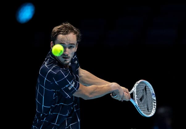 (201117) -- LONDON, Nov. 17, 2020 -- Daniil Medvedev of Russia hits a return during the singles group match against Alexander Zverev of Germany at the ATP, Tennis Herren World Tour Finals 2020 in London, Britain, on Nov. 16, 2020. ) (SP)BRITAIN-LONDON-TENNIS-ATP FINALS-DAY 2 HanxYan 