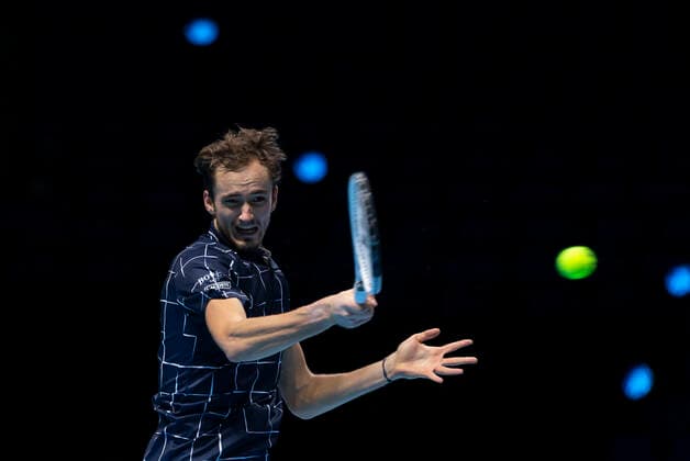 (201117) -- LONDON, Nov. 17, 2020 -- Daniil Medvedev of Russia hits a return during the singles group match against Alexander Zverev of Germany at the ATP, Tennis Herren World Tour Finals 2020 in London, Britain, on Nov. 16, 2020. ) (SP)BRITAIN-LONDON-TENNIS-ATP FINALS-DAY 2 HanxYan 