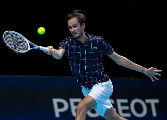(201117) -- LONDON, Nov. 17, 2020 -- Daniil Medvedev of Russia hits a return during the singles group match against Alexander Zverev of Germany at the ATP, Tennis Herren World Tour Finals 2020 in London, Britain, on Nov. 16, 2020. ) (SP)BRITAIN-LONDON-TENNIS-ATP FINALS-DAY 2 HanxYan 