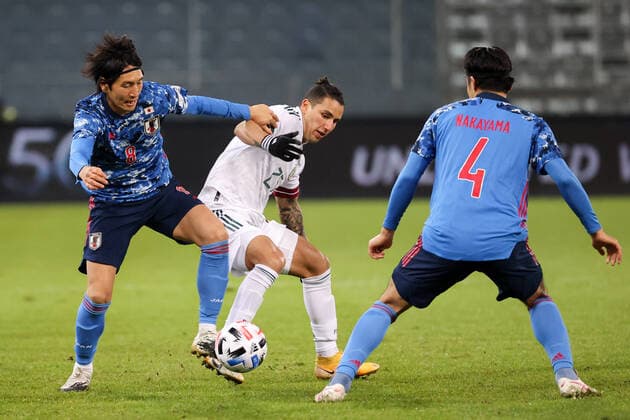 SOCCER - JPN vs MEX, test match GRAZ,AUSTRIA,17.NOV.20 - SOCCER - international match, Länderspiel, Nationalmannschaft Japan vs Mexico, test match. Image shows Genki Haraguchi (JPN), Jorge Sanchez (MEX) and Yuta Nakayama (JPN). GEPAxpictures xChristianxWalgram