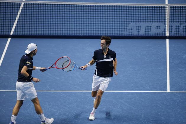 TENNIS - ATP, Tennis Herren Finals 2020 LONDON,ENGLAND,18.NOV.20 - TENNIS - ATP Finals, doubles. Image shows Juergen Melzer (AUT) and Edouard Roger Vasselin (FRA). GEPAxpictures xATPxTour xEllaxLing