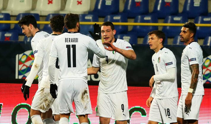 18.11.2020 Sarajevo Bosnia and Herzegodina-Italy Nations League men s football Andrea Belotti(4L) Italy celebrate scored goal beside Nicolo Barella(5L),Lorenzo Insigne(R) :Str 