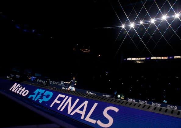 (201119) -- LONDON, Nov. 19, 2020 -- Daniil Medvedev of Russia hits a return during the singles group match against Novak Djokovic of Serbia at the ATP, Tennis Herren World Tour Finals 2020 in London, Britain, on Nov. 18, 2020. ) (SP)BRITAIN-LONDON-TENNIS-ATP FINALS-DAY 4 HanxYan 