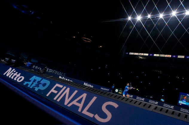 (201119) -- LONDON, Nov. 19, 2020 -- Novak Djokovic of Serbia hits a return during the singles group match against Daniil Medvedev of Russia at the ATP, Tennis Herren World Tour Finals 2020 in London, Britain, on Nov. 18, 2020. ) (SP)BRITAIN-LONDON-TENNIS-ATP FINALS-DAY 4 HanxYan 