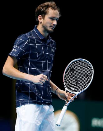 (201119) -- LONDON, Nov. 19, 2020 -- Daniil Medvedev of Russia celebrates during the singles group match against Novak Djokovic of Serbia at the ATP, Tennis Herren World Tour Finals 2020 in London, Britain, on Nov. 18, 2020. ) (SP)BRITAIN-LONDON-TENNIS-ATP FINALS-DAY 4 HanxYan 