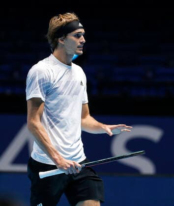 (201119) -- LONDON, Nov. 19, 2020 -- Alexander Zverev of Germany reacts during the singles group match against Diego Schwartzman of Argentina at the ATP, Tennis Herren World Tour Finals 2020 in London, Britain, on Nov. 18, 2020. ) (SP)BRITAIN-LONDON-TENNIS-ATP FINALS-DAY 4 HanxYan 