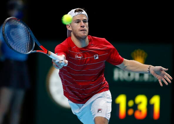 (201119) -- LONDON, Nov. 19, 2020 -- Diego Schwartzman of Argentina hits a return during the singles group match against Alexander Zverev of Germany at the ATP, Tennis Herren World Tour Finals 2020 in London, Britain, on Nov. 18, 2020. ) (SP)BRITAIN-LONDON-TENNIS-ATP FINALS-DAY 4 HanxYan 