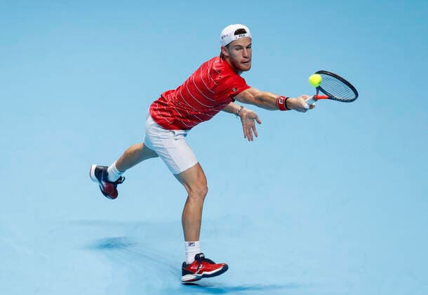 (201119) -- LONDON, Nov. 19, 2020 -- Diego Schwartzman of Argentina hits a return during the singles group match against Alexander Zverev of Germany at the ATP, Tennis Herren World Tour Finals 2020 in London, Britain, on Nov. 18, 2020. ) (SP)BRITAIN-LONDON-TENNIS-ATP FINALS-DAY 4 HanxYan 