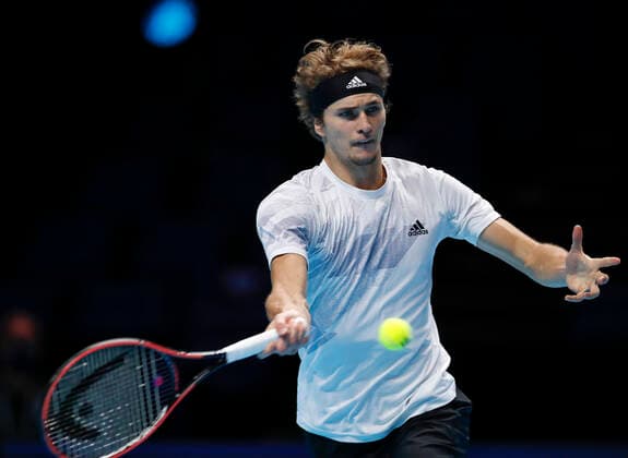(201119) -- LONDON, Nov. 19, 2020 -- Alexander Zverev of Germany hits a return during the singles group match against Diego Schwartzman of Argentina at the ATP, Tennis Herren World Tour Finals 2020 in London, Britain, on Nov. 18, 2020. ) (SP)BRITAIN-LONDON-TENNIS-ATP FINALS-DAY 4 HanxYan 