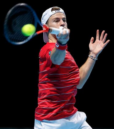 (201119) -- LONDON, Nov. 19, 2020 -- Diego Schwartzman of Argentina hits a return during the singles group match against Alexander Zverev of Germany at the ATP, Tennis Herren World Tour Finals 2020 in London, Britain, on Nov. 18, 2020. ) (SP)BRITAIN-LONDON-TENNIS-ATP FINALS-DAY 4 HanxYan 