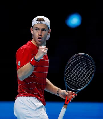 (201119) -- LONDON, Nov. 19, 2020 -- Diego Schwartzman of Argentina celebrates during the singles group match against Alexander Zverev of Germany at the ATP, Tennis Herren World Tour Finals 2020 in London, Britain, on Nov. 18, 2020. ) (SP)BRITAIN-LONDON-TENNIS-ATP FINALS-DAY 4 HanxYan 