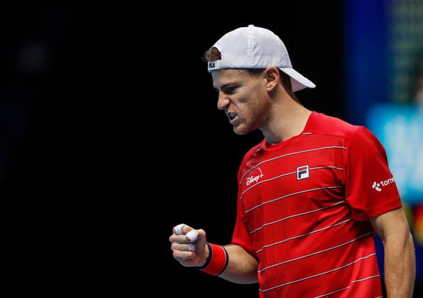 (201119) -- LONDON, Nov. 19, 2020 -- Diego Schwartzman of Argentina celebrates during the singles group match against Alexander Zverev of Germany at the ATP, Tennis Herren World Tour Finals 2020 in London, Britain, on Nov. 18, 2020. ) (SP)BRITAIN-LONDON-TENNIS-ATP FINALS-DAY 4 HanxYan 