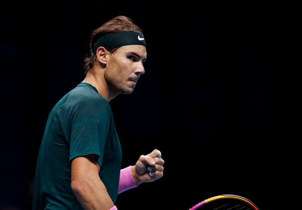 (201120) -- LONDON, Nov. 20, 2020 -- Rafael Nadal of Spain reacts during the singles group match against Stefanos Tsitsipas of Greece at the ATP, Tennis Herren World Tour Finals 2020 in London, Britain, on Nov. 19, 2020. ) (SP)BRITAIN-LONDON-TENNIS-ATP FINALS-DAY 5 HanxYan 
