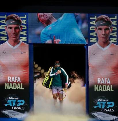 (201120) -- LONDON, Nov. 20, 2020 -- Rafael Nadal of Spain enters the court before the singles group match against Stefanos Tsitsipas of Greece at the ATP, Tennis Herren World Tour Finals 2020 in London, Britain, on Nov. 19, 2020. ) (SP)BRITAIN-LONDON-TENNIS-ATP FINALS-DAY 5 HanxYan 
