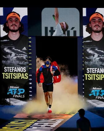 (201120) -- LONDON, Nov. 20, 2020 -- Stefanos Tsitsipas of Greece enters the court before the singles group match against Rafael Nadal of Spain at the ATP, Tennis Herren World Tour Finals 2020 in London, Britain, on Nov. 19, 2020. ) (SP)BRITAIN-LONDON-TENNIS-ATP FINALS-DAY 5 HanxYan 