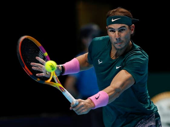 (201120) -- LONDON, Nov. 20, 2020 -- Rafael Nadal of Spain competes during the singles group match against Stefanos Tsitsipas of Greece at the ATP, Tennis Herren World Tour Finals 2020 in London, Britain, on Nov. 19, 2020. ) (SP)BRITAIN-LONDON-TENNIS-ATP FINALS-DAY 5 HanxYan 