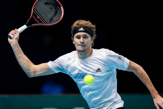 (201121) -- LONDON, Nov. 21, 2020 -- Alexander Zverev of Germany hits a return during the singles group match against Novak Djokovic of Serbia at the ATP, Tennis Herren World Tour Finals 2020 in London, Britain, on Nov. 20, 2020. ) (SP)BRITAIN-LONDON-TENNIS-ATP FINALS-DAY 6 HanxYan 