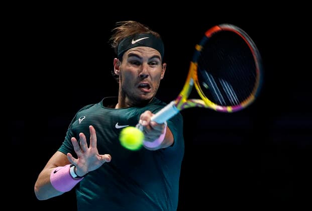 (201122) -- LONDON, Nov. 22, 2020 -- Rafael Nadal of Spain returns the ball during the singles semifinal against Daniil Medvedev of Russia at the ATP, Tennis Herren World Tour Finals 2020 in London, Britain, on Nov. 21, 2020. ) (SP)BRITAIN-LONDON-TENNIS-ATP FINALS-SEMIFINAL HanxYan 