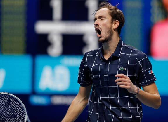 (201122) -- LONDON, Nov. 22, 2020 -- Daniil Medvedev of Russia reacts during the singles semifinal against Rafael Nadal of Spain at the ATP, Tennis Herren World Tour Finals 2020 in London, Britain, on Nov. 21, 2020. ) (SP)BRITAIN-LONDON-TENNIS-ATP FINALS-SEMIFINAL HanxYan 