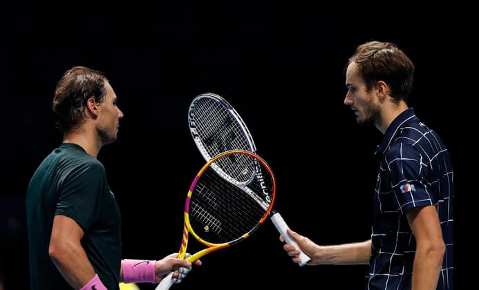 (201122) -- LONDON, Nov. 22, 2020 -- Daniil Medvedev (R) of Russia greets with Rafael Nadal of Spain after the singles semifinal at the ATP, Tennis Herren World Tour Finals 2020 in London, Britain, on Nov. 21, 2020. ) (SP)BRITAIN-LONDON-TENNIS-ATP FINALS-SEMIFINAL HanxYan 